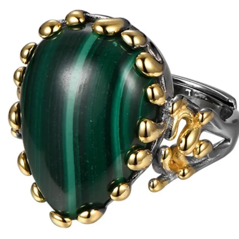 Exquisite And Small Water Drop Shaped S925 Silver Malachite Retro National Style Opening  Female Minority Personality Ring