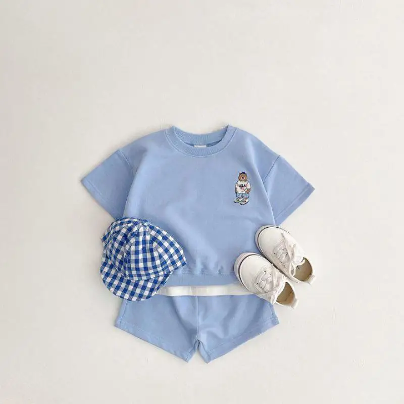 

2024 Summer New Children Short Sleeve Clothes Set Boys Girls Cartoon Bear Print Fake 2pcs T Shirts + Shorts Suit Kids Outfits