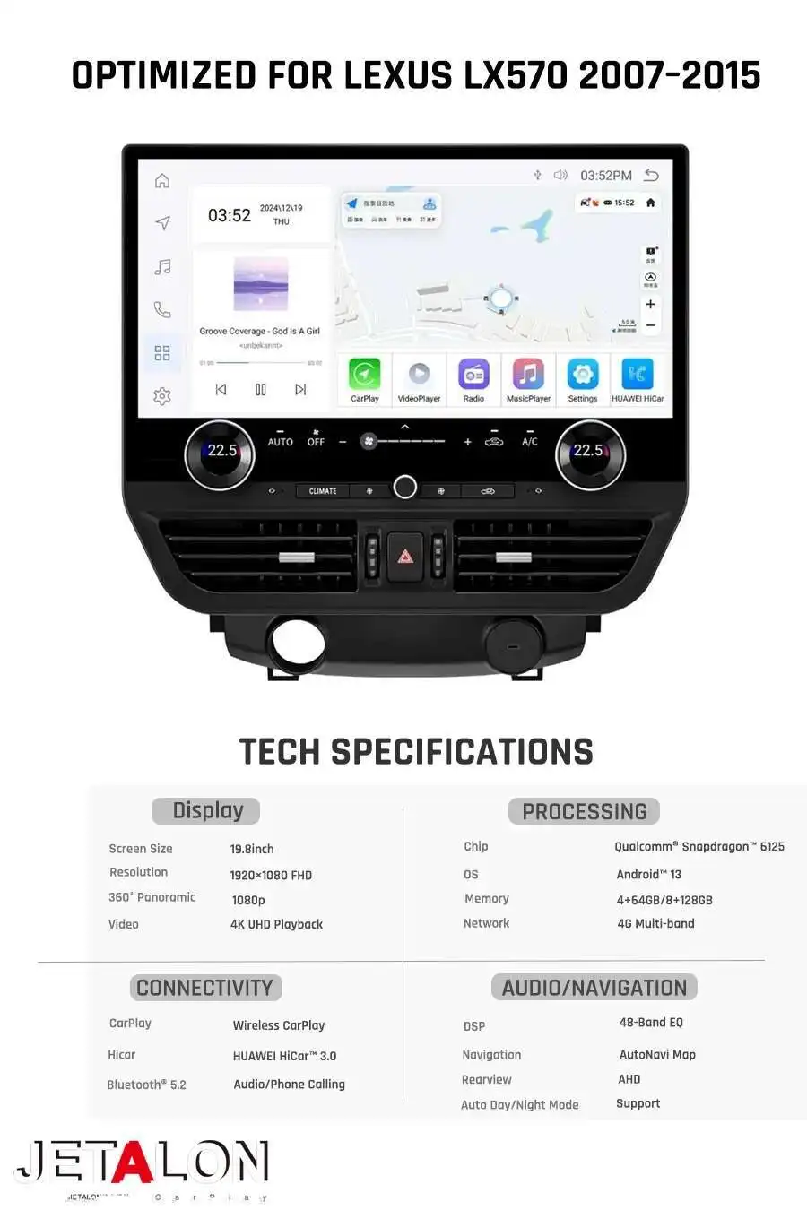 19.8" For Lexus Lx570 Android 13 Car Radio Touch Screen Carplay GPS Video Player