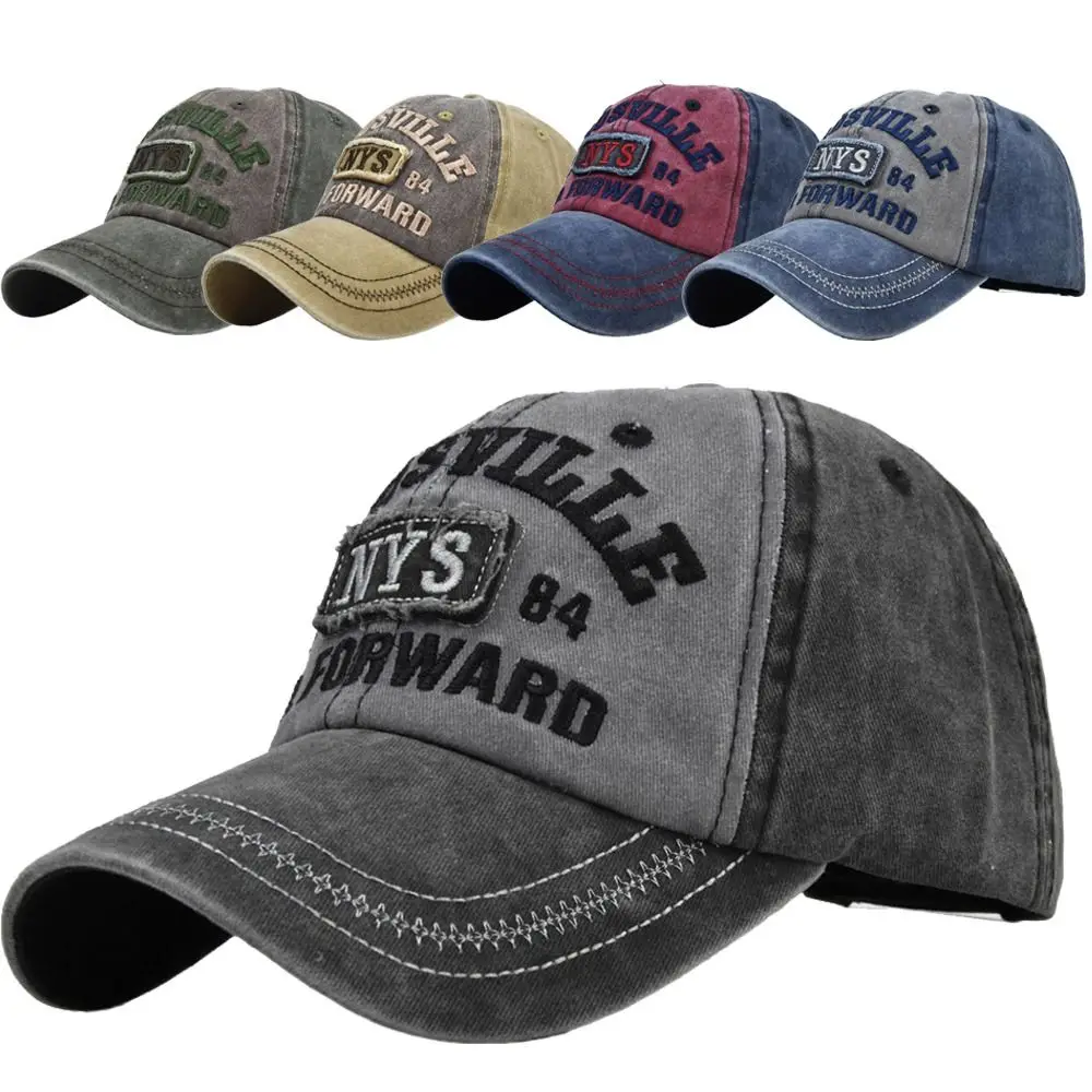 Four Seasons Men Baseball Cap Casual Distressed Washed Cotton Letter Embroidered Cap Bent Brim Dome Casual Sun Protection Hat
