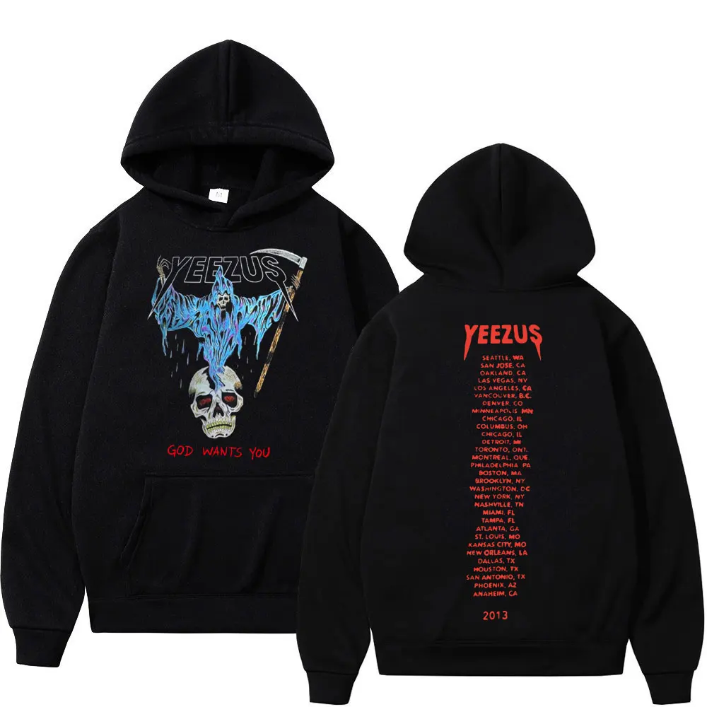 Autumn and Winter Kanye West Skull Reaper Print Hooded Casual Long-sleeved Pullover Unisex Fashion Sportswear Hoodies for Men