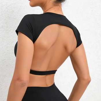 Sports Muscle Back Tee Without Padded Women Backless Sports Shirts Workout Gym Training Yoga T-Shirt Outdoor Open Back Tops 1
