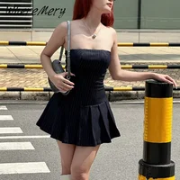 WhereMery Korean Women Fashion A-line Dress Y2K Sleeveless Slash-neck Pleated Stripe Dresses Spring Summer Elegant Slim Vestidos 1