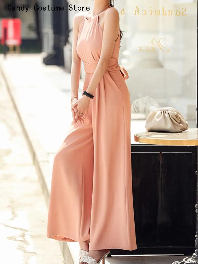 Ladies Solid Casual Wide-Leg Pant Women's Summer Elegant Halter Jumpsuit  Romper Female Fashion Streetwear Lace-up Overalls