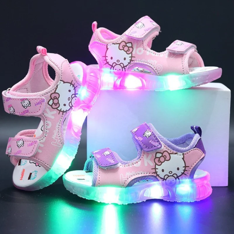 2024 Summer New Baby Led Light Girls Sandals Cute Hello Kitty Children's Casual Shoes Anti-slip Kids Beach Shoes Outdoor Shoes