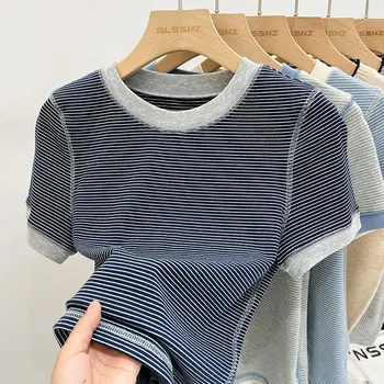 AOSSVIAO 2025 الصيف المشارب كتلة اللون تي شيرت س الرقبة سليم صالح قصيرة الأكمام المحملة للنساء الكورية نمط بسيط قاعدة طبقة علوية 3