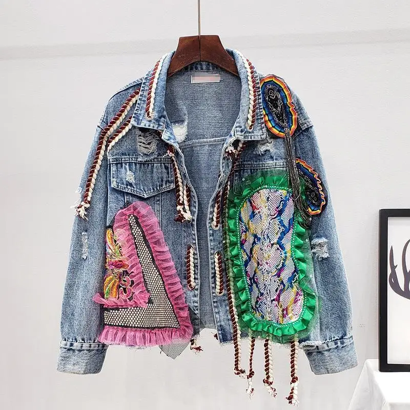 

Spring Women Streetwear Patch Denim Bomber Jacket Female Personality Short Diamonds Jacket Tassel Jean Coat Jaqueta Feminina