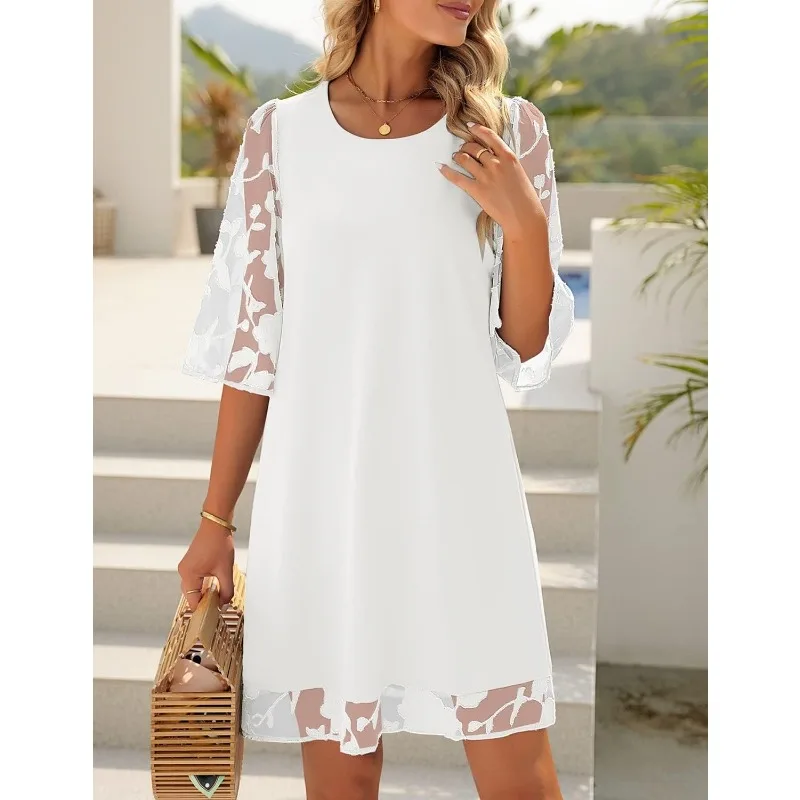 

Three-quarter Sleeve Dress Women's Straight Cute Summer Waist Floral Lace Dress