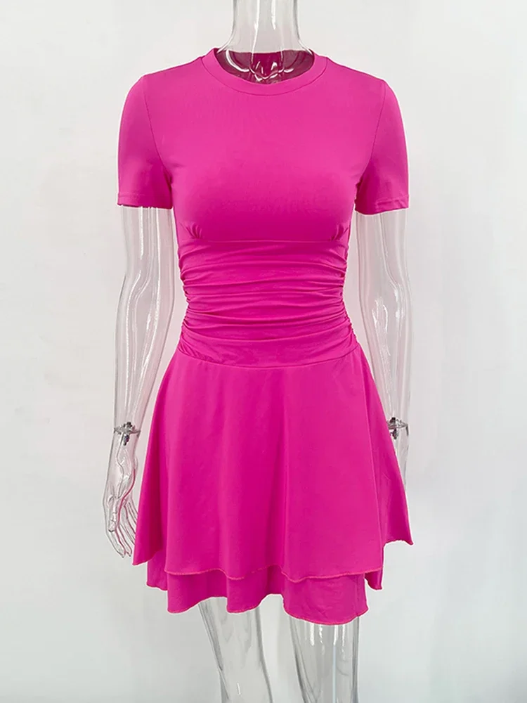 Fashion Folds Ruffled Mini Dress For Women Summer New Solid Color Short Sleeves Female Clubs Party Sexy Slim Fit Dress
