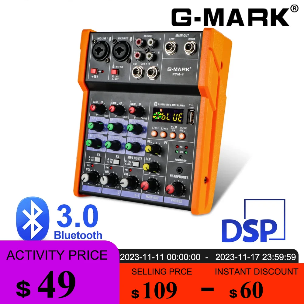 Sound Board Mixer GMARK PTM4 Bluetooth 48V Phantom Power Mixing Console USB Interface For
