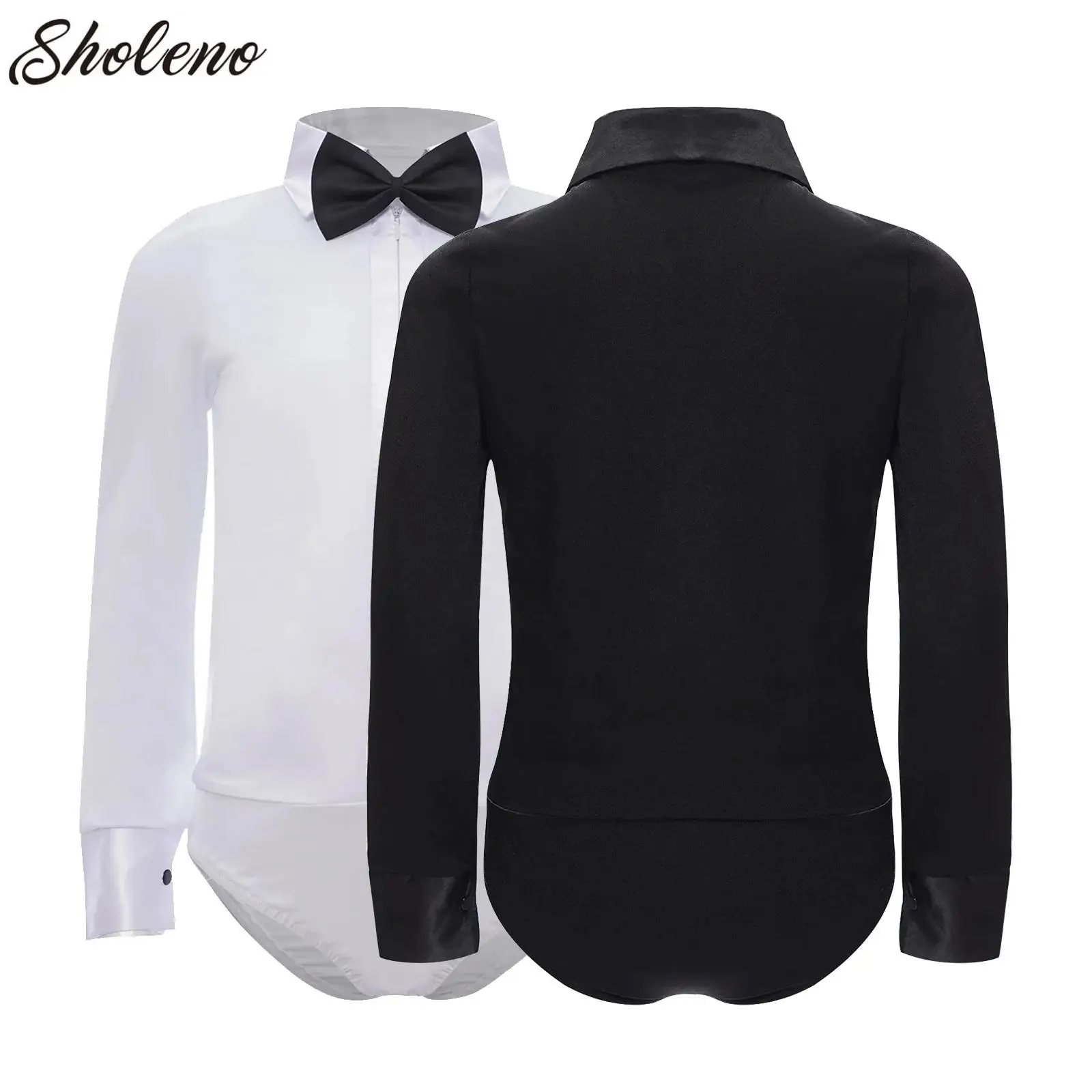 Long Sleeve Latin Dance Shirt Bodysuit with Bow Tie for Kids Boys Modern Ballroom Salsa Tango Stage Competition Examination