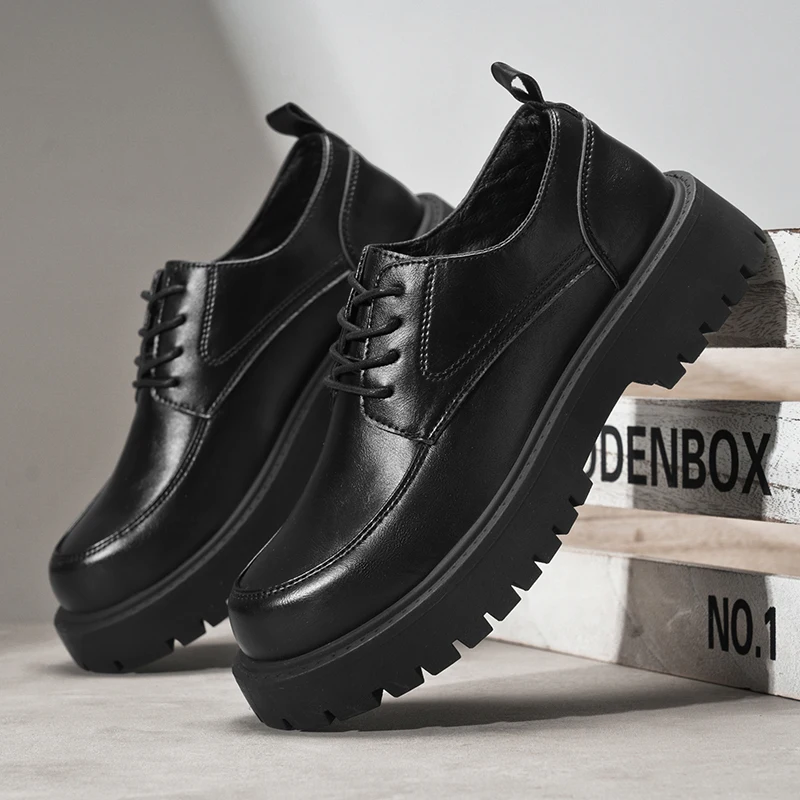 Fashion Black Leather Derby Shoes for Men Thick-soled Wedding Shoes Formal Business Lace-Up Casual Platform Loafers