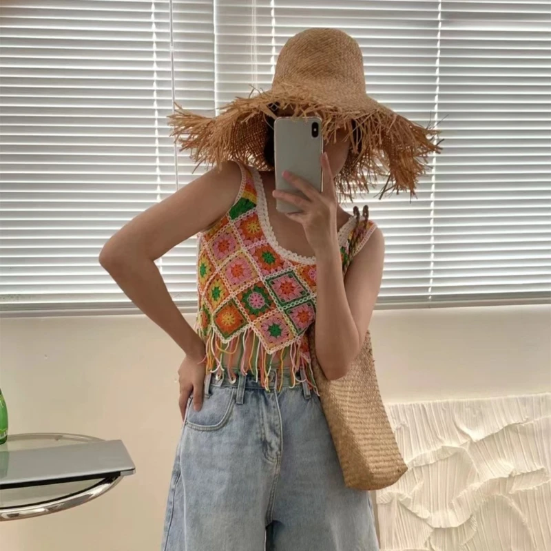 Women Sweet Hollow Out Crochet Crop Top Boho Knitted Colorful Geometric Rhombus Plaid Tassels