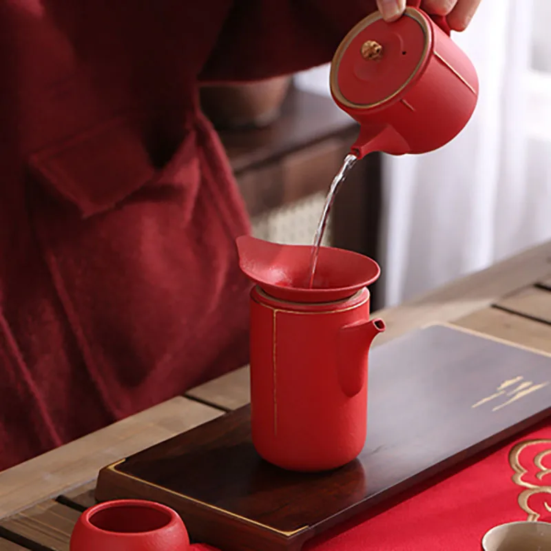 Traditional Chinese Tea Set, Porcelain Teapot, Stainless Steel, Tea Strainer, Cup, Bride and Groom Gifts, Traditional Red, Wed