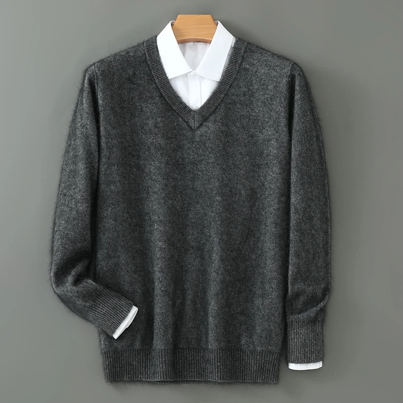 100% cashmere autumn and winter men's sweater, wool sweater, wool pullover sweater, thick bottom knitted V-neck loose warm top 2