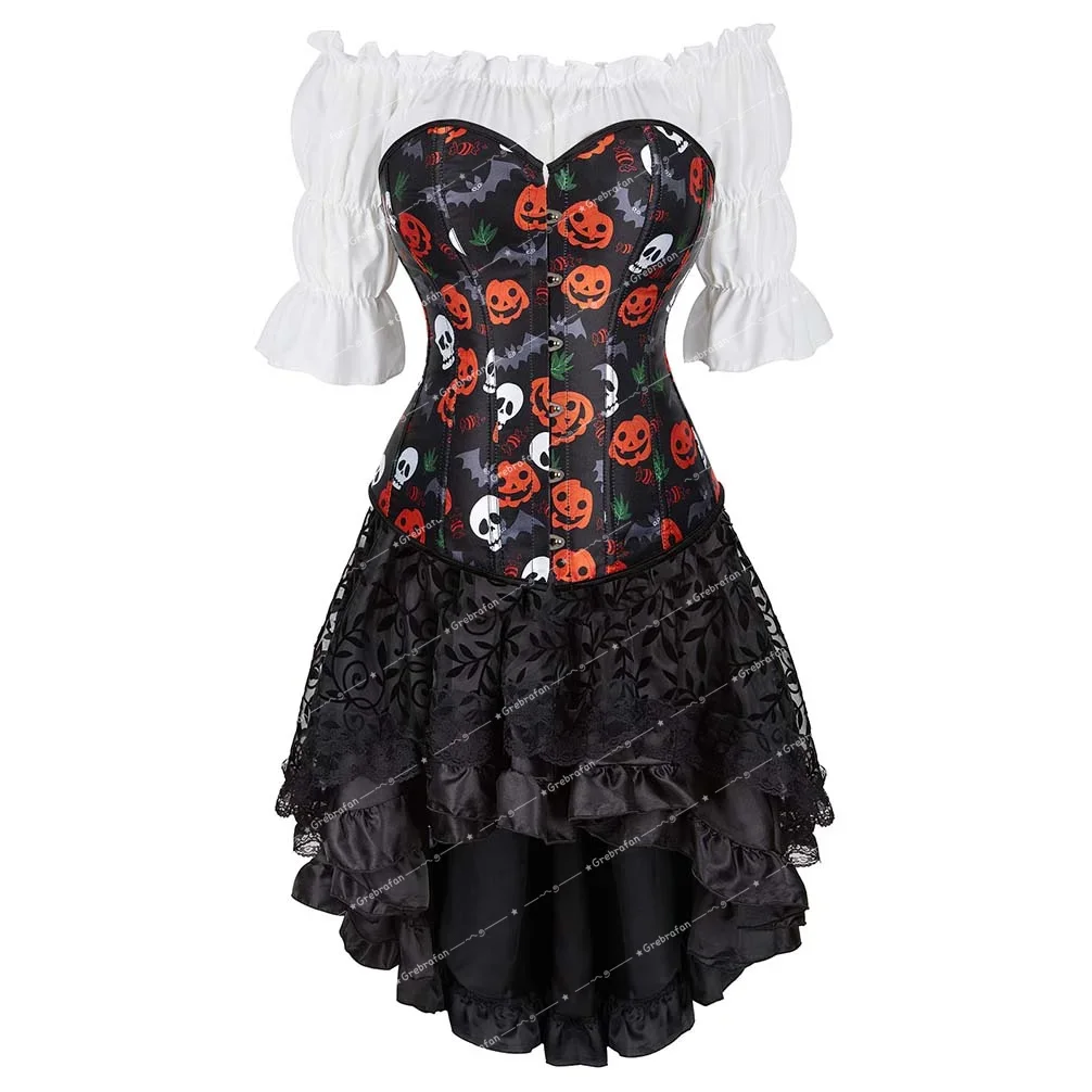 Burlesque Bustier Corset Skirts 3 Piece Pumpkin Skull Printing Corsets Dress Set Halloween Costumes Party Costume Sexy Plus Size