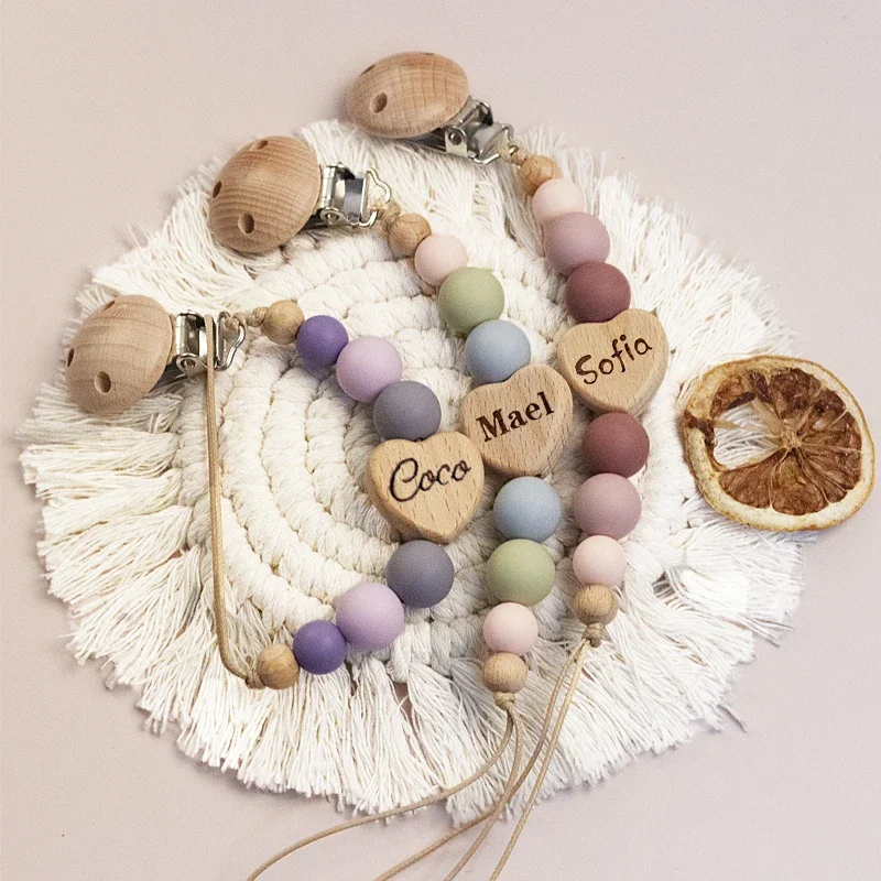 pacifier chain wooden personalized baby silicone bead dummy holder guard teether pendant