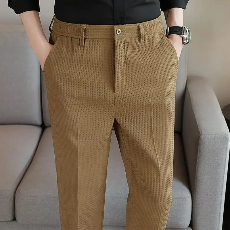 Pantalones de oficina elásticos para hombre, pantalones de trabajo color caqui para hombre, pantalones elásticos para vestir, ropa de sastrería para primavera, ropa clásica de lujo a la moda