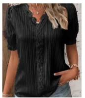 Women's Summer New Top Solid Sexy V-Neck Hollow Short Sleeve Shirt Fashion Splice Plus Size Blouse Loose Street Apparel - Image 3