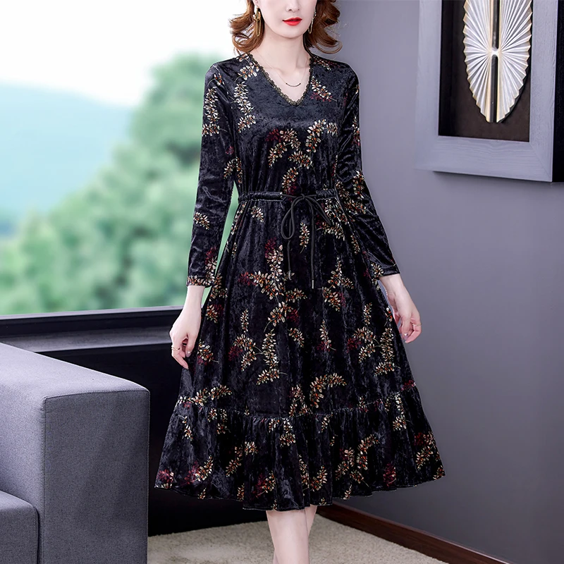 

Black Natural Silk Velvet Dress Large Size Maxi Dress Autumn Korean Vintage Casual Dress Women Elegant Bodycon Dress