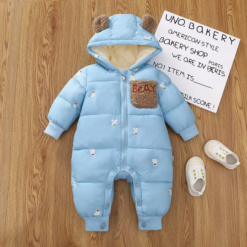 Newborn jumpsuit thickened cotton no-clean romper boys and girls cartoon  bear ears jumpsuit warm jumpsuit winter