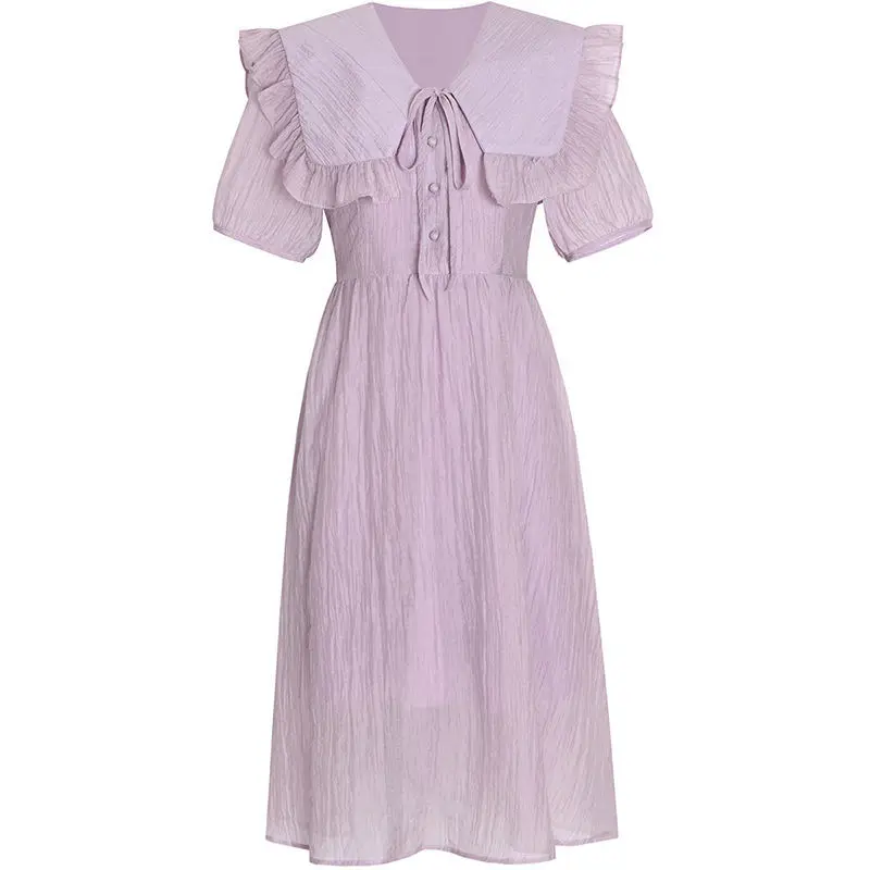 

Summer Retro Purple Women Dress Fashion Vintage Peter Pan Collar Puff Sleeve A-Line Sweet Princess Sundress Fairy Party Vestido
