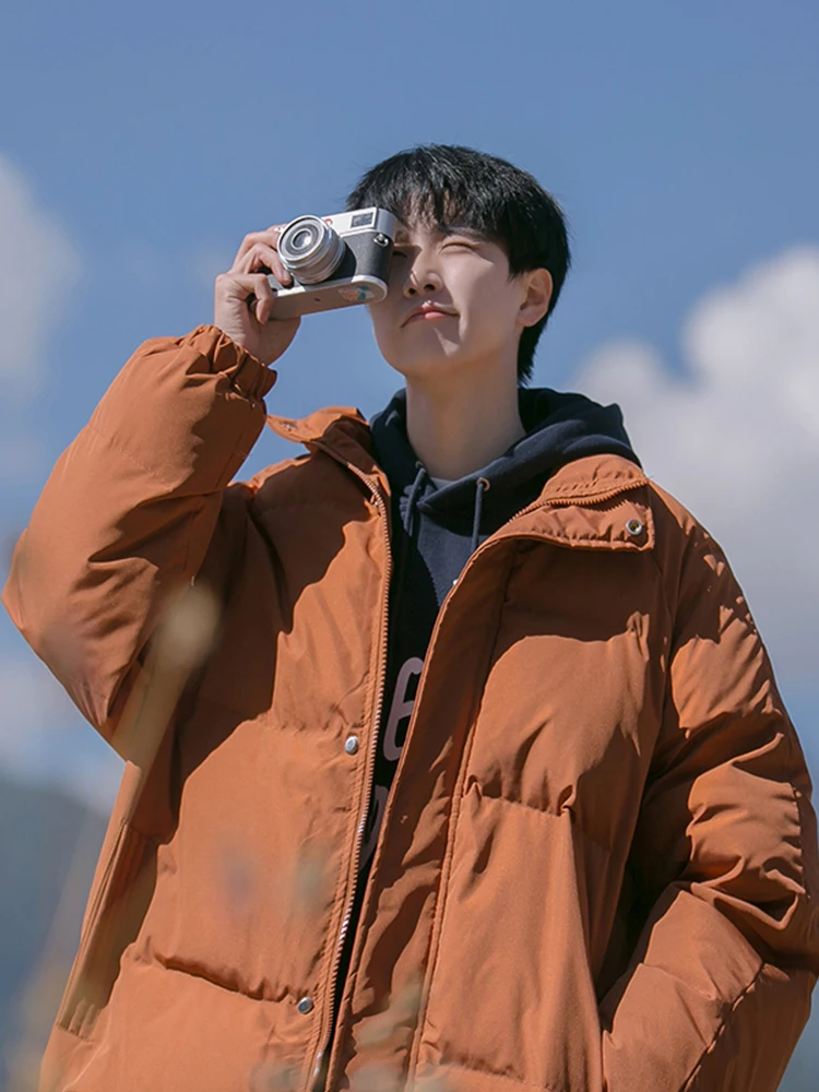 Down Jacket Men's Solid Color Loose Simple Short Thickened Warm Japanese Stand Collar Cotton Winter Side Seam Sidekick Coat 1Pc