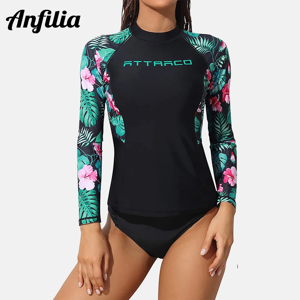 Women Long Sleeve Rash Guard Shirts Swimwear Surf Top Floral Printing Close-fitting Shirt UPF 50+ Anfilia