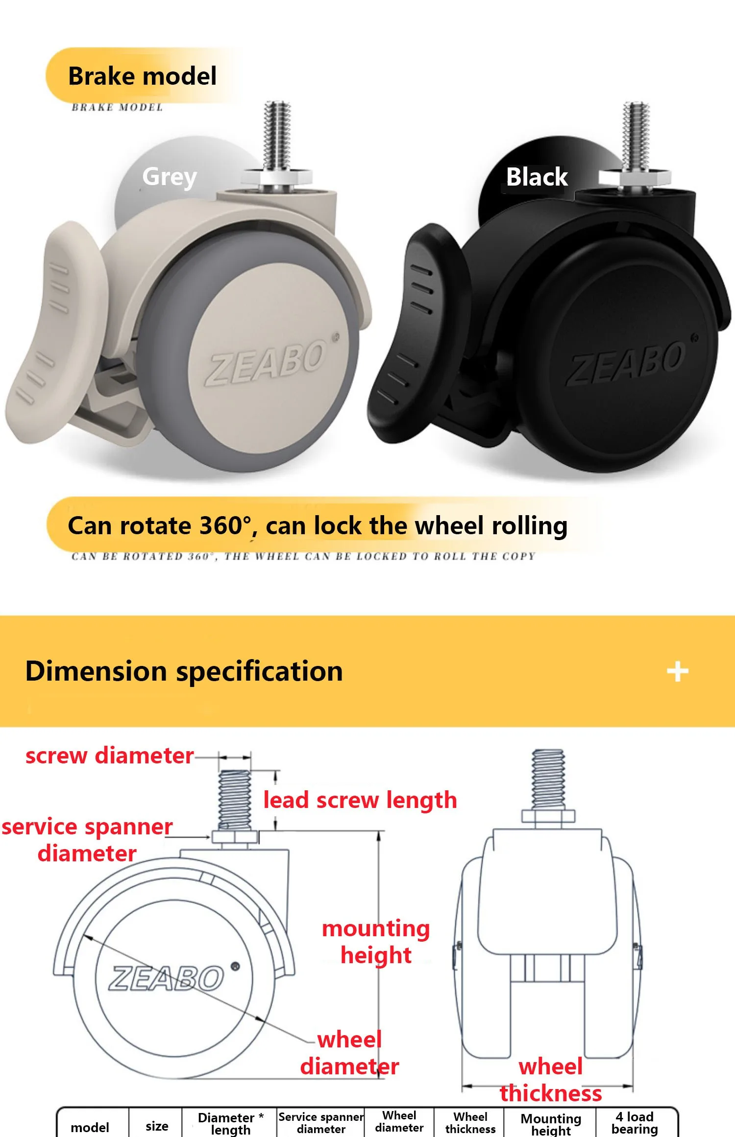 Description Picture 5 of item(4 Packs) Black Color 2 Inch M6/M8/M10/M12 Screw Universal Wheel With Brake Soft Rubber Silent Caster Durable Wear-resist