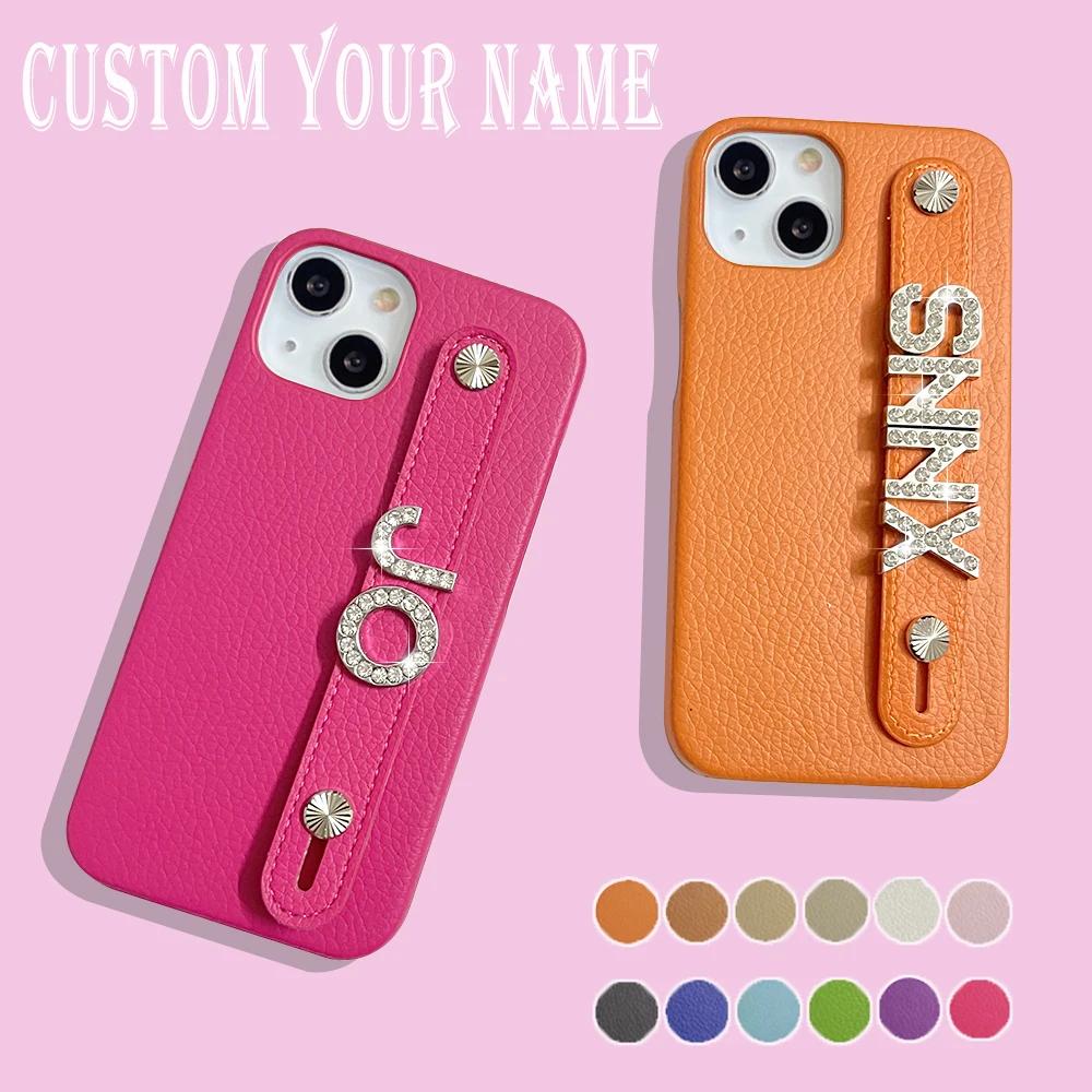 Luxury Personalised Custom Name Silver Diamond Letter Leather Phone Case For Iphone 13 12 11 Pro Max Mini 7 8 Plus X XS Se Cover