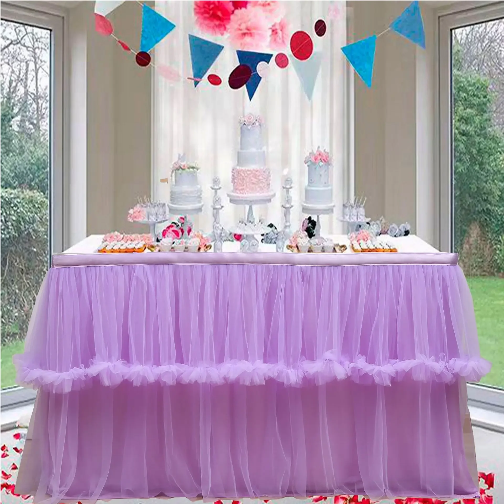 

Wedding Tulle Table Skirt 6FT/9FT Purple Pink White Mesh Dining Table Decoration Table Cover For Wedding Reception Banquet