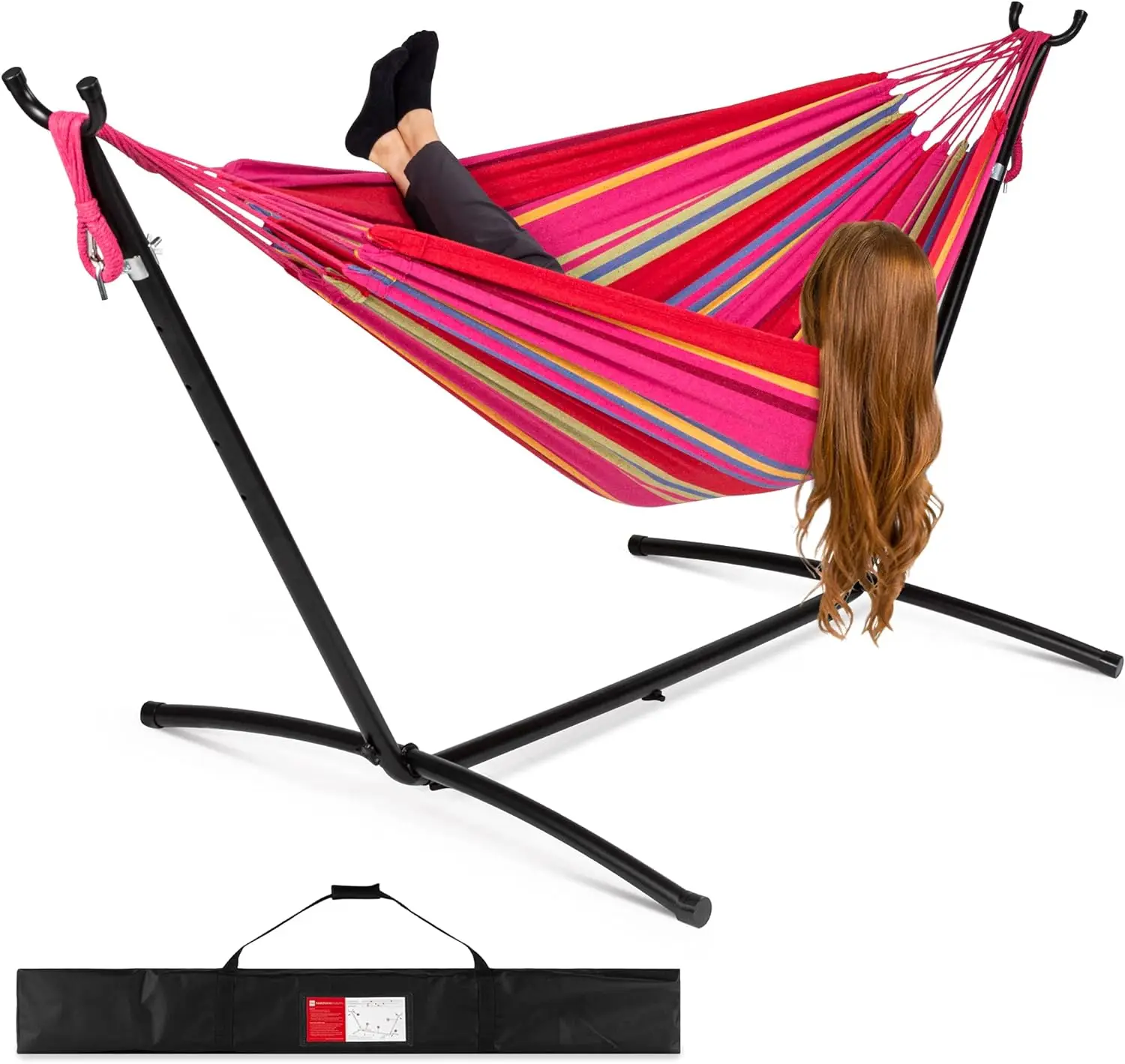 

Double Hammock with Steel Stand, Indoor Outdoor Brazilian-Style Cotton Bed w/Carrying Bag, 2-Person Capacity - Paradise