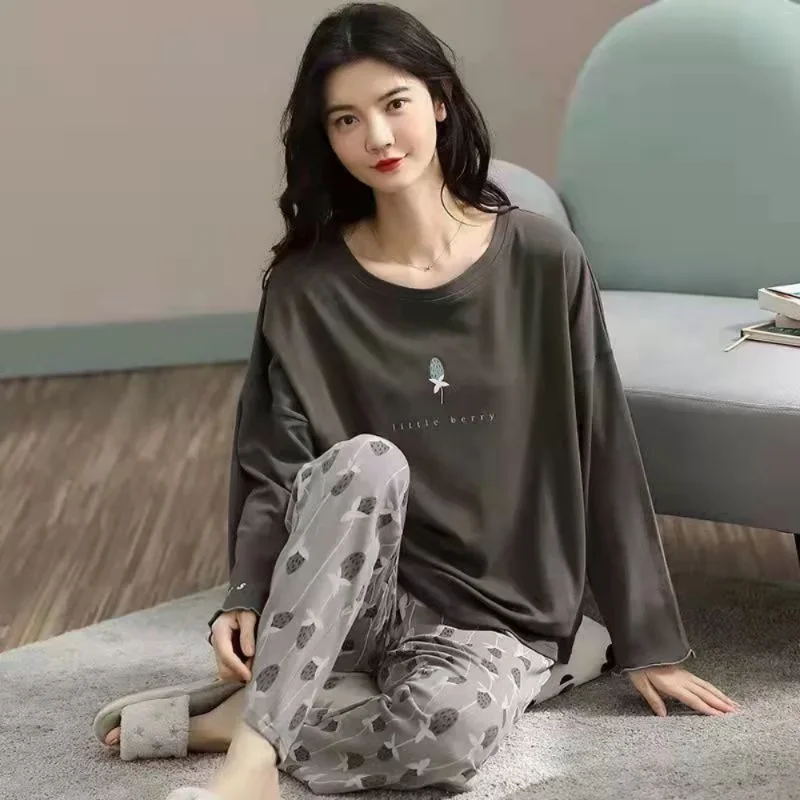 Women's pajamas spring and autumn long-sleeved autumn and winter home clothes plus size simple loose suit outerwear women pajamas set women pajama suit