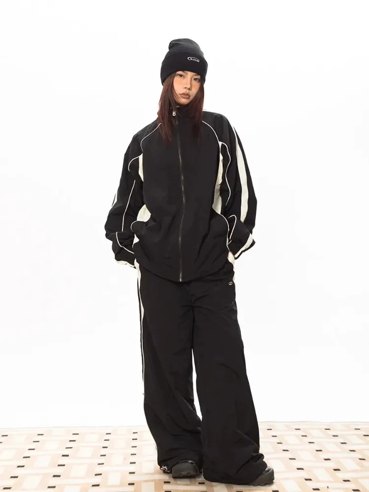 

Vintage Y2K Black Pants Set Women Joggers Sweatpants Techwear Hip Hop Tracksuit Oversize Zipper Jackets Harajuku Retro