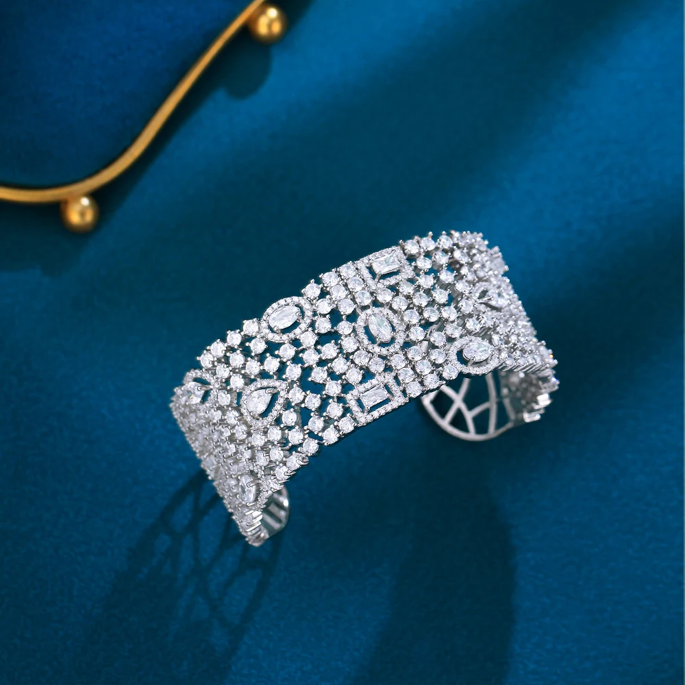 CWWZircons Luxury Statement Chunky Cubic Zirconia Pave Wide Big Bridal Wedding Cuff Bangles for Women Dubai Gold Color BG067 4