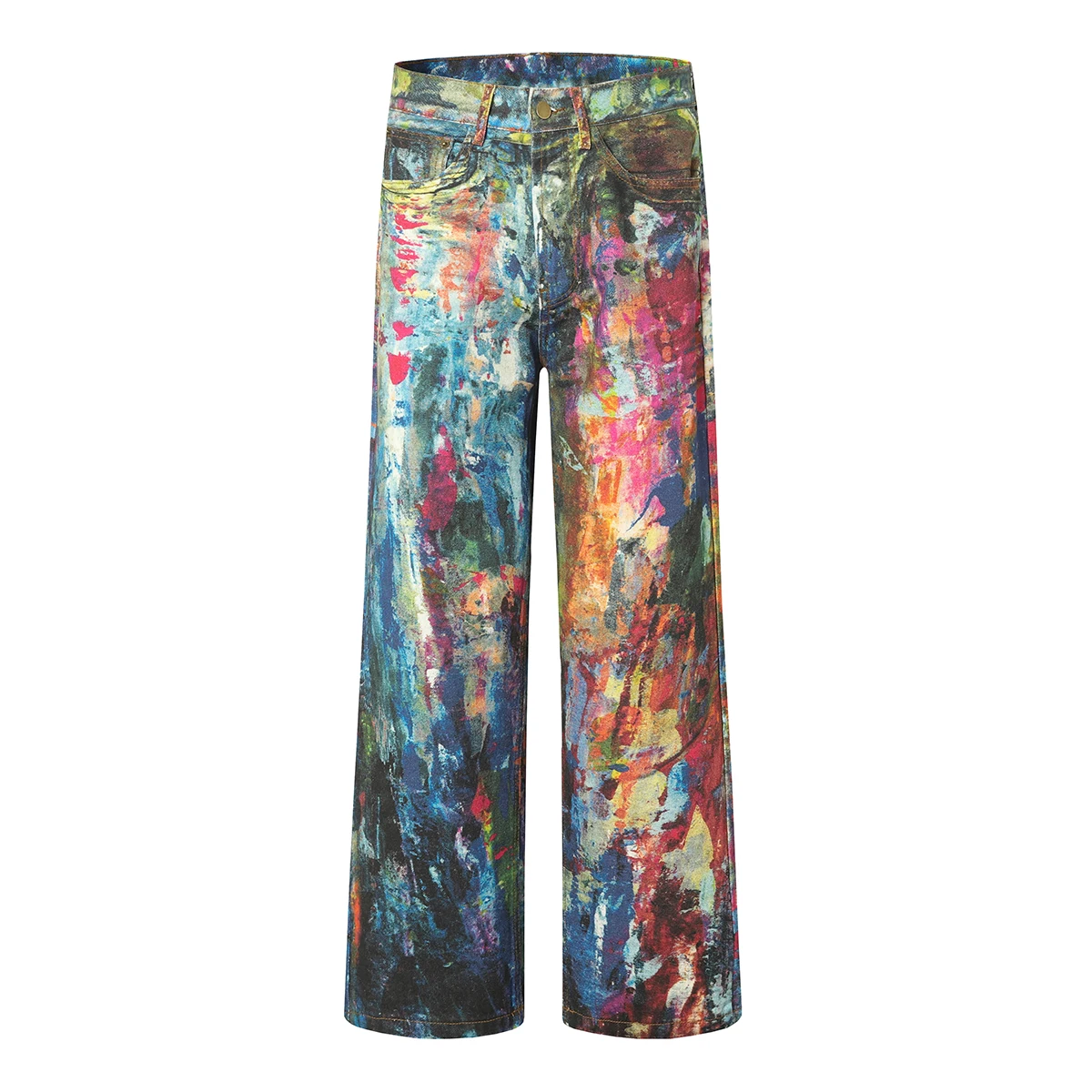 Vintage 3D Color Printing Splashed Ink Oil Painting Slim Straight Leg Denim Jeans Men Streetwear Y2k Casual Wide Jeans Pants Man