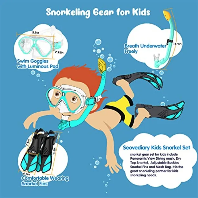 Snorkel Set, Mask Fins Snorkeling Gear for Anti-Fog Swim Goggles 180 Panoramic View Dry Top Snorkel and Dive Flippers Combo wit