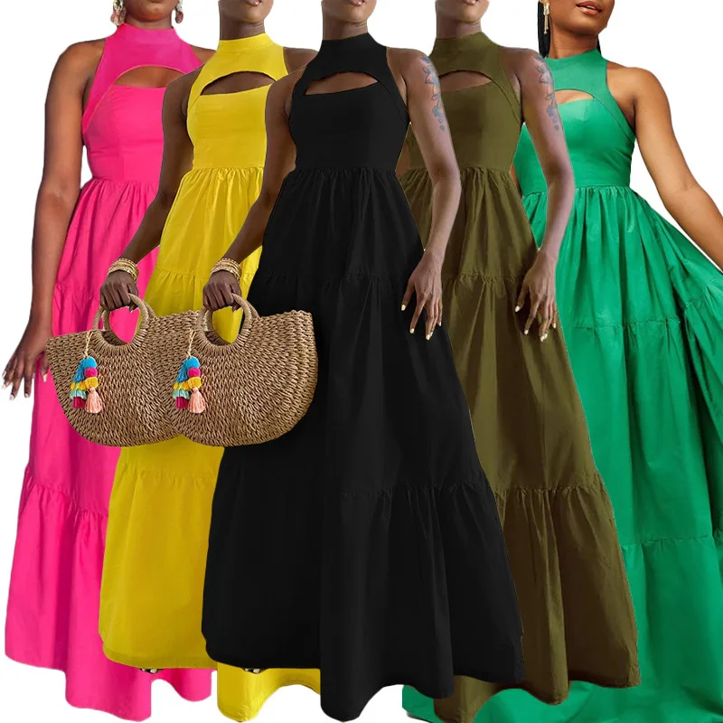 Summer Solid Casual Long Dress Women's Round neck Sleeveless High Waist Pleated Swing Maxi Dress Women