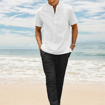 Summer New Men's Casual Sets Henley Neck T-shirt Straight Leg Pants Solid Color Vacation Hawaii Style Breathable Suit