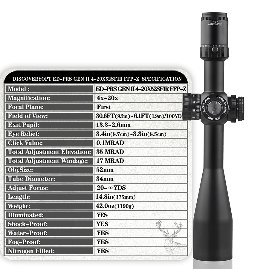 Discovery ED GENII 4-20X52SFIR Tactical Sight First Focal Plane Riflescope Illumination Reticle Zero Stop Function Optical Sight