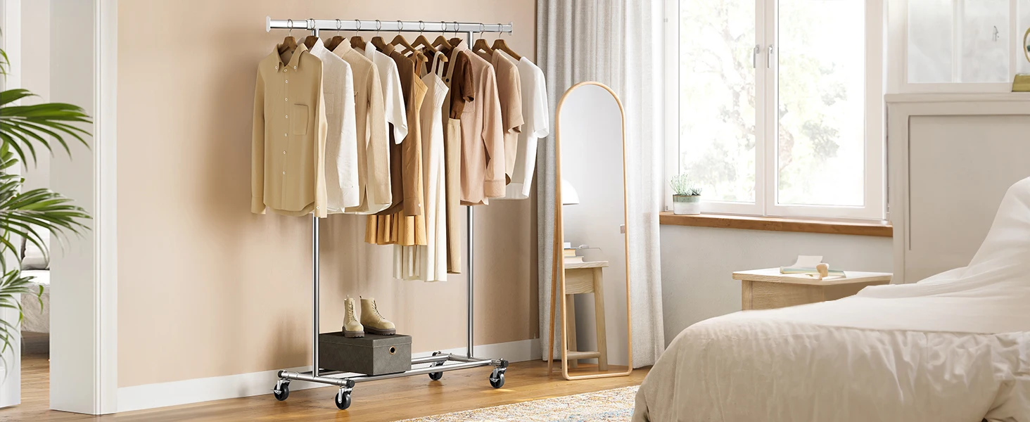 SONGMICS Clothes Rack on Wheels, Heavy Duty Clothes Rail, with Extendable Hanging Rail, 90 kg Load Capacity, Portable