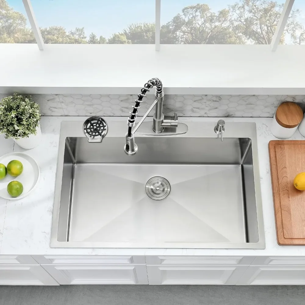 NEW-33×22 Drop In Kitchen Sink with Faucet Combo - Stainless Steel Kitchen Sink Drop In with Cup Washer, 9 Inch Deep Single Bowl