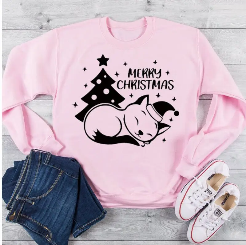 Christmas Cat, Merry Sweatshirt Holiday Gift Family 100% Cotton Solid Thicken Warm Women Sweatshirts Lady Fashion Drop shipping