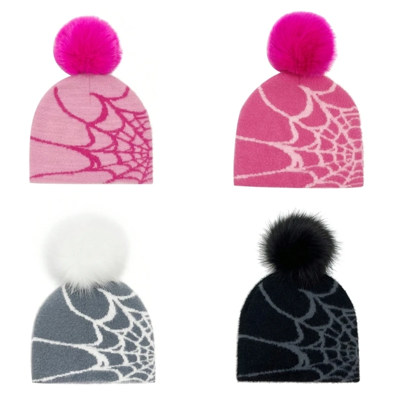 

New Pink Skull Hat Halloween Pile Bonnet Cobweb Jacquard Colorful Streetwear