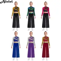 Tenue de danse lyrique moderne pour filles, haut court brillant avec fente latérale, pantalon en mousseline avec culotte intégrée, vêtements de gymnastique et de patinage 1