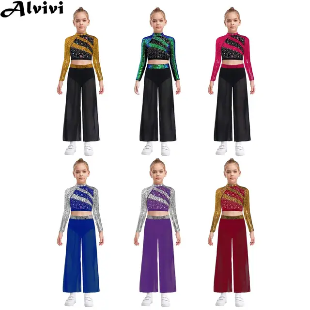 Tenue de danse lyrique moderne pour filles, haut court brillant avec fente latérale, pantalon en mousseline avec culotte intégrée, vêtements de gymnastique et de patinage 1