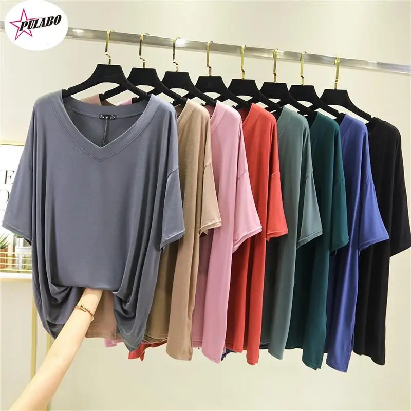 

PULABO Korean Style Summer Thin Loose Half Sleeve T Shirt Women's Slimming V-neck Shirt Solid Color Modal Bottoming T-Shirts y2k