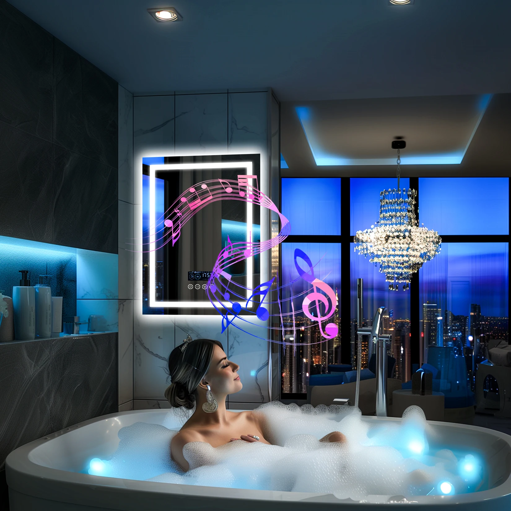 Wisfor 28x36 Lighted Bathroom Mirror with Bluetooth Speaker Smart LED Vanity Makeup Wall Mounted Mirrors 3 Lights Anti-Fog Touch 2