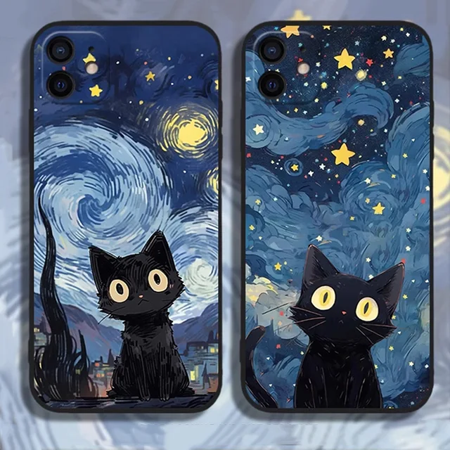 Funda de teléfono de noche estrellada con Gato Negro artístico, carcasa suave para iPhone 15, 14, 13, 12, 11 Pro Max, 12, 13 Mini, XS Max, XR, SE3, 8, 14 Plus