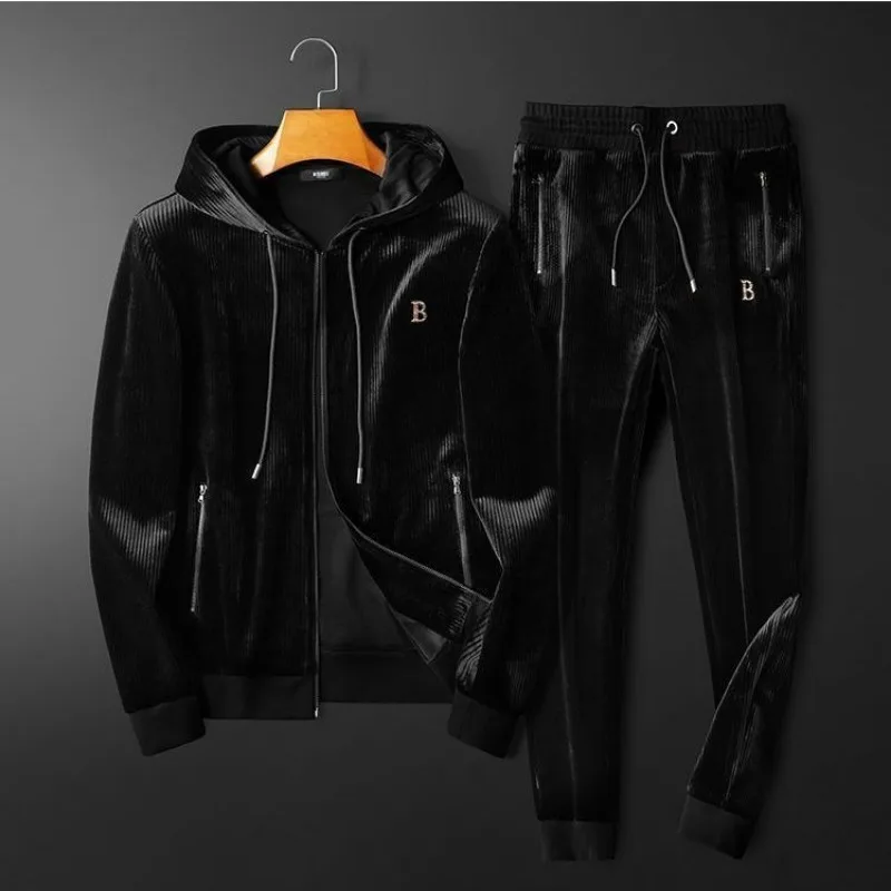 Men's Clothing Spring and Autumn high quality Casual Sports Hooded suit Gold Velvet Pants suit Loose Two-piece Set